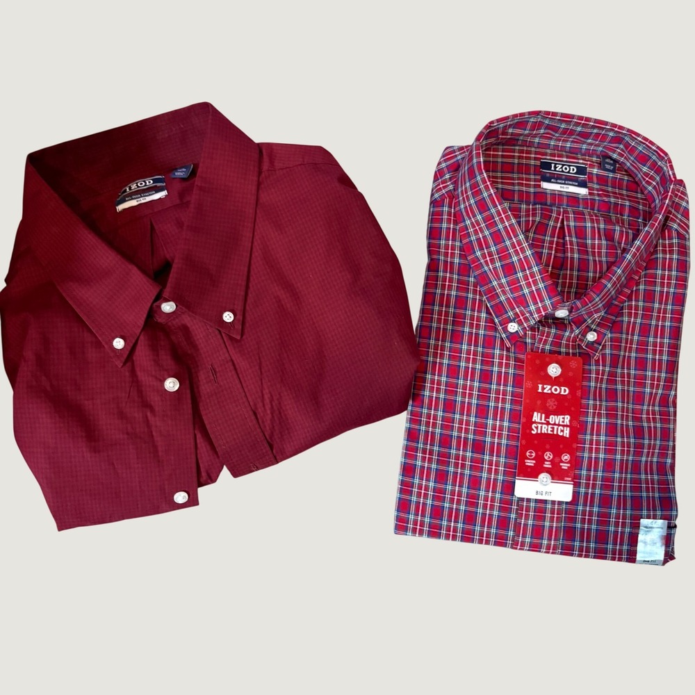 Lot of 2 IZOD All-Over Stretch Big Fit Shirts 20 34/35 Red Plaid Burgundy NWT